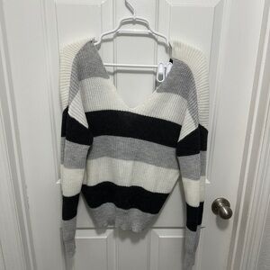 Striped V-Neck Sweater - Black, Gray, and White